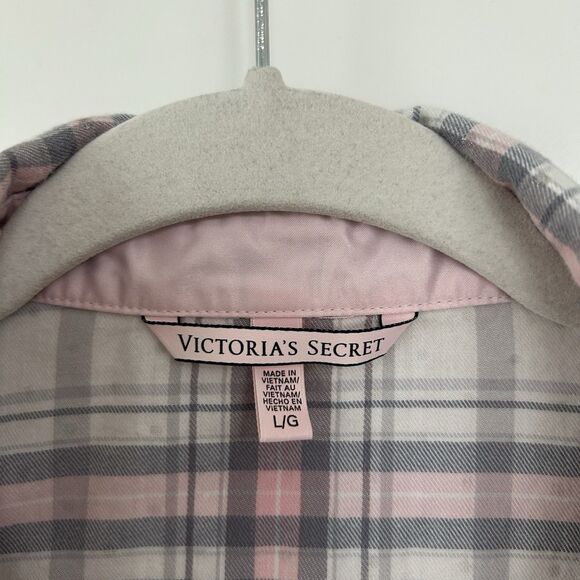 Victorias Secret Pajama Top Flannel Shirt Size L Gray Pink Plaid White Monogram - Picture 3 of 12